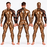 Custom Made – Men’s Glossy PU Leather & Floral Lace Full-Body Jumpsuit with Matching Mask Included