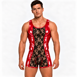 Zalisa 4 – Men’s Custom-Made Glossy PU Leather & Floral Lace Short Jumpsuit