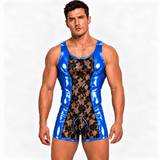 Zalisa 4 – Men’s Custom-Made Glossy PU Leather & Floral Lace Short Jumpsuit