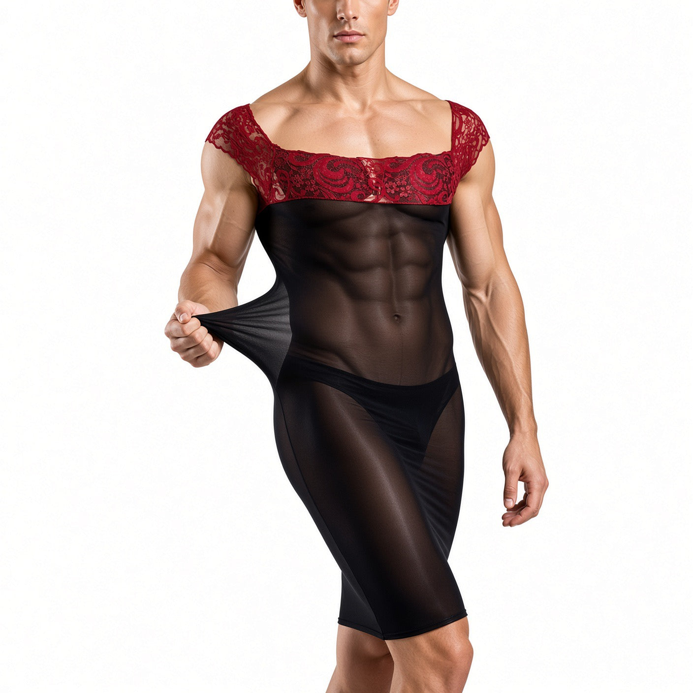 Kima 3 - Sheer Form-Fitting Mini Dress with Lace Off-Shoulder Top