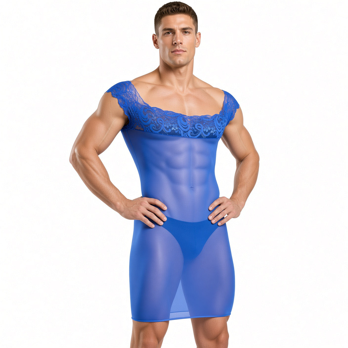 Kima 3 - Sheer Form-Fitting Mini Dress with Lace Off-Shoulder Top