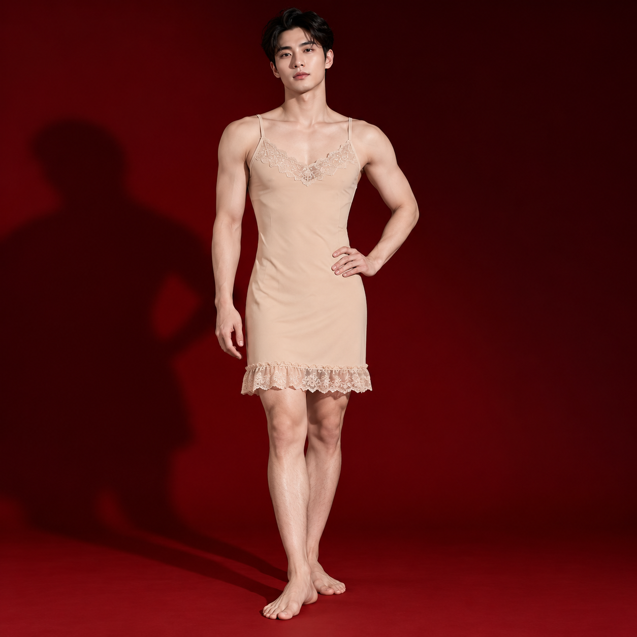 Roha - Men’s Glossy Lace-Trim Mini Dress