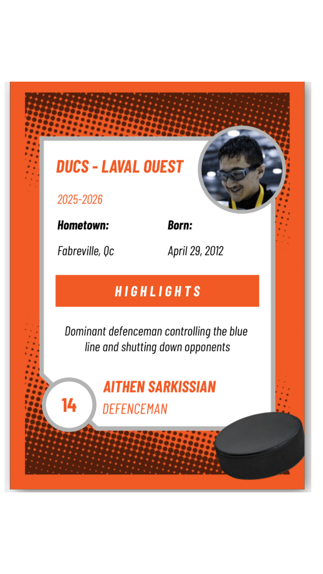 Aithen Sarkissian (TURBO) 14 - DUCS Style Custom Hockey Card | Elite Defenceman Prospect (2025 - 2026) - Sarman Fashion - Wholesale Clothing Fashion Brand for Men from Canada
