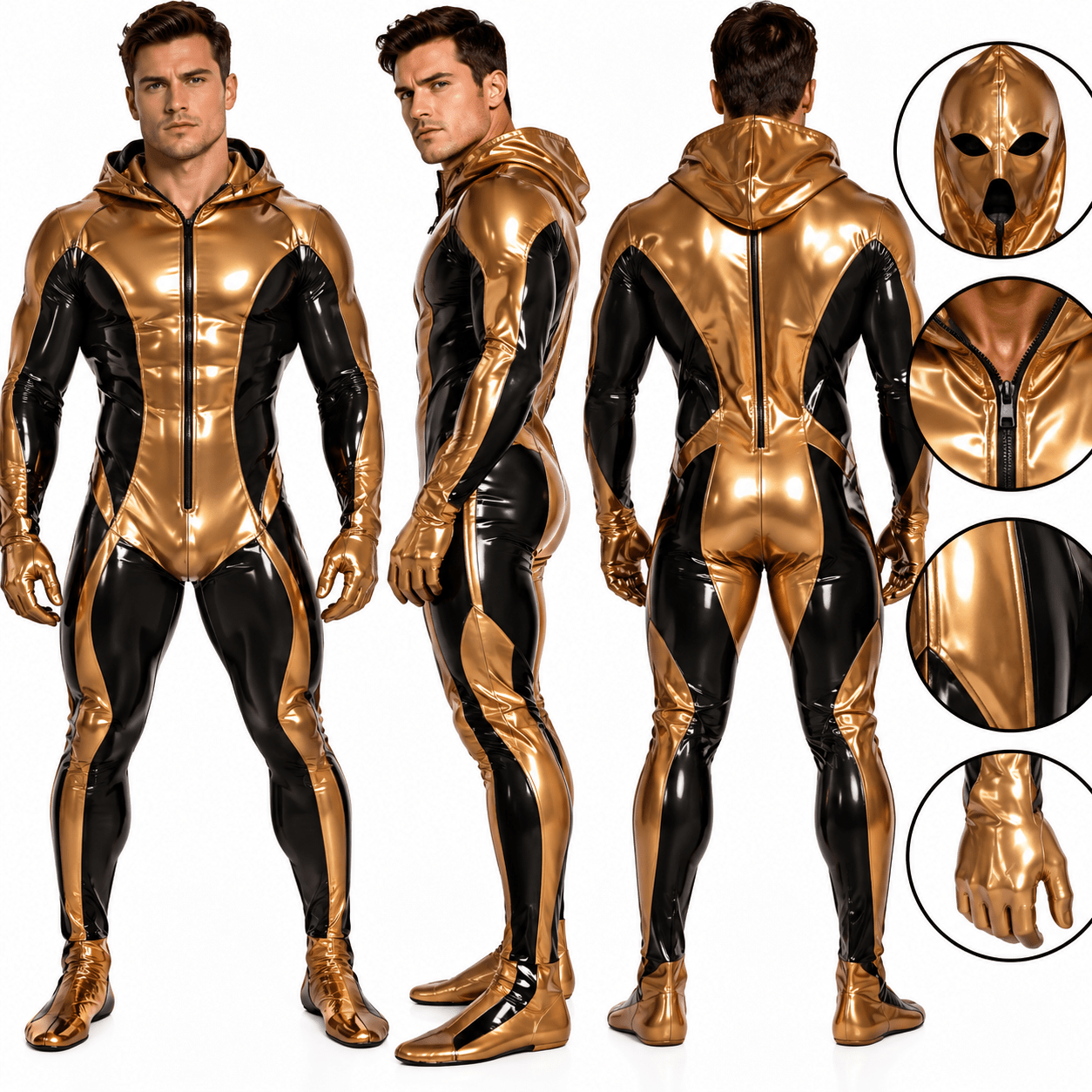 Custom Made 2 – Men’s Glossy PU Leather Two-Tone Full-Body Jumpsuit with Matching Mask Included - Sarman Fashion - Wholesale Clothing Fashion Brand for Men from Canada