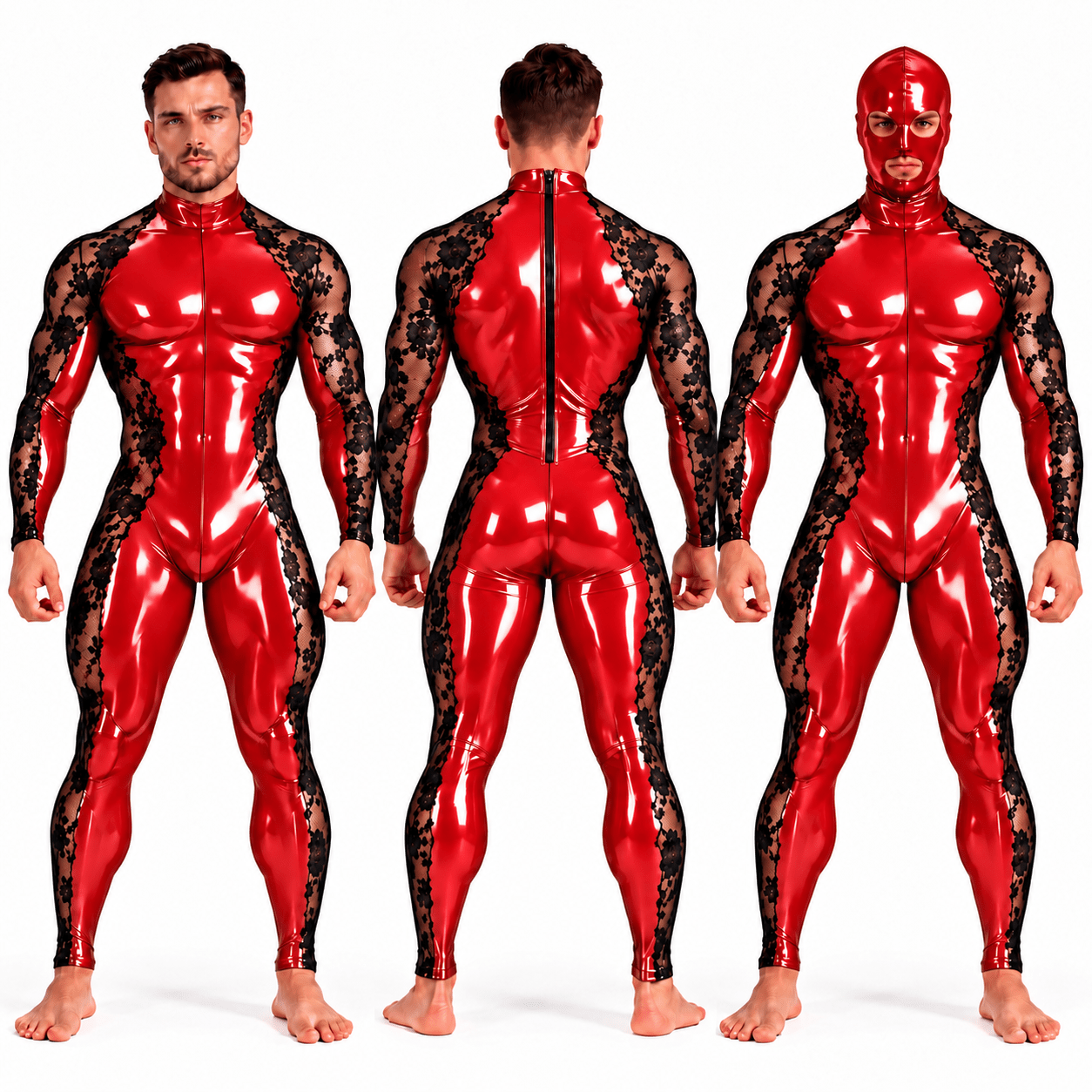 Custom Made – Men’s Glossy PU Leather & Floral Lace Full-Body Jumpsuit with Matching Mask Included - Sarman Fashion - Wholesale Clothing Fashion Brand for Men from Canada