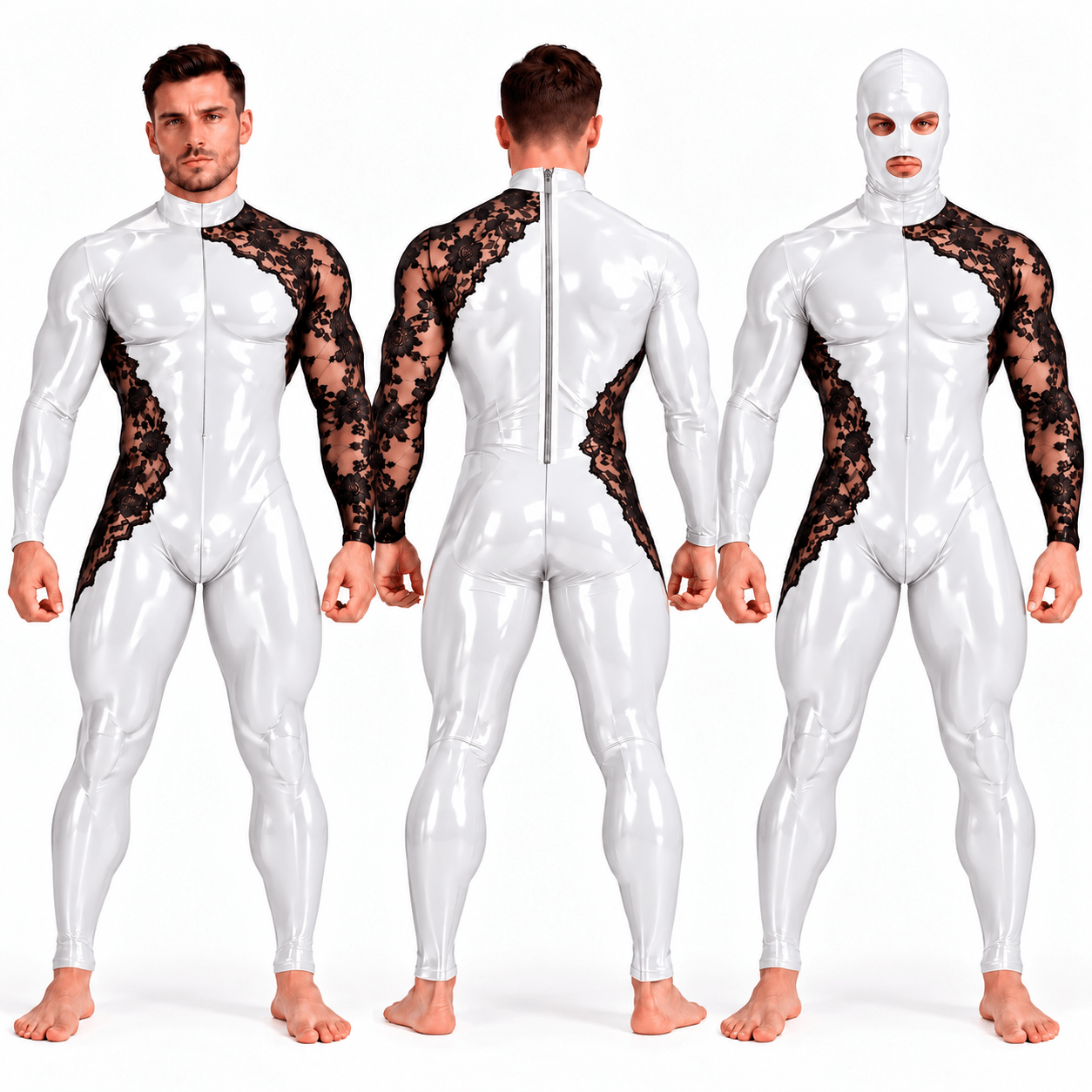 Custom Made – Men’s Glossy PU Leather & Floral Lace Full-Body Jumpsuit with Matching Mask Included - Sarman Fashion - Wholesale Clothing Fashion Brand for Men from Canada