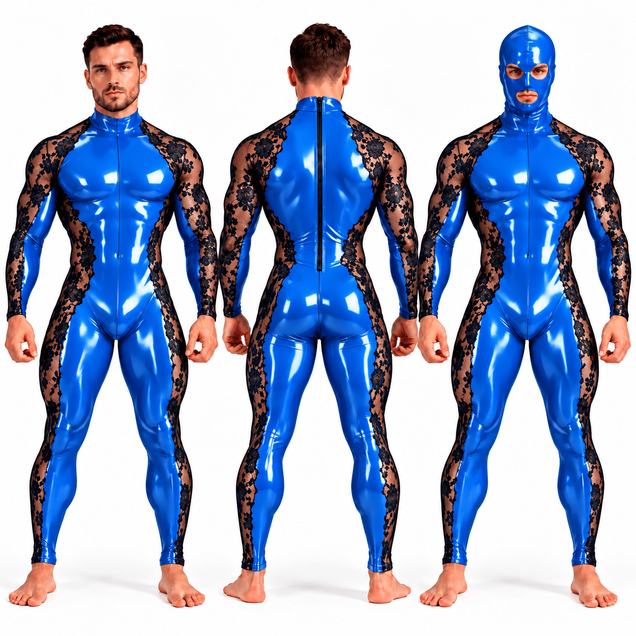 Custom Made – Men’s Glossy PU Leather & Floral Lace Full-Body Jumpsuit with Matching Mask Included - Sarman Fashion - Wholesale Clothing Fashion Brand for Men from Canada