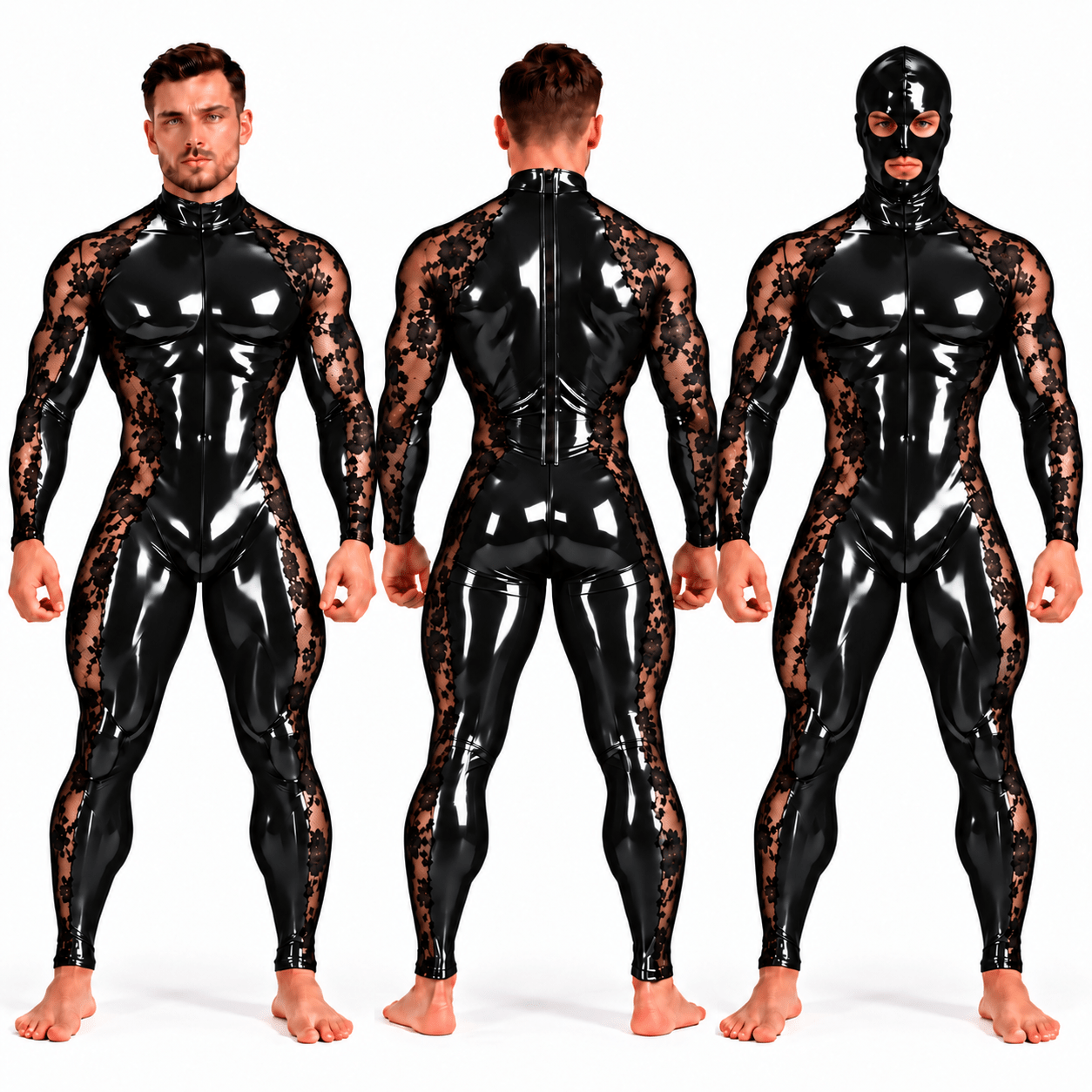 Custom Made – Men’s Glossy PU Leather & Floral Lace Full-Body Jumpsuit with Matching Mask Included - Sarman Fashion - Wholesale Clothing Fashion Brand for Men from Canada