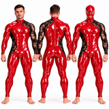 Custom Made – Men’s Glossy PU Leather & Floral Lace Full-Body Jumpsuit with Matching Mask Included - Sarman Fashion - Wholesale Clothing Fashion Brand for Men from Canada