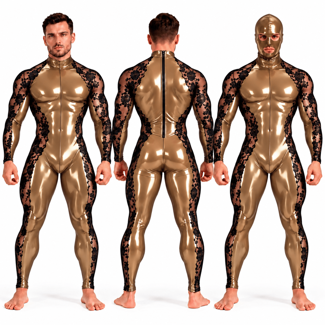 Custom Made – Men’s Glossy PU Leather & Floral Lace Full-Body Jumpsuit with Matching Mask Included - Sarman Fashion - Wholesale Clothing Fashion Brand for Men from Canada