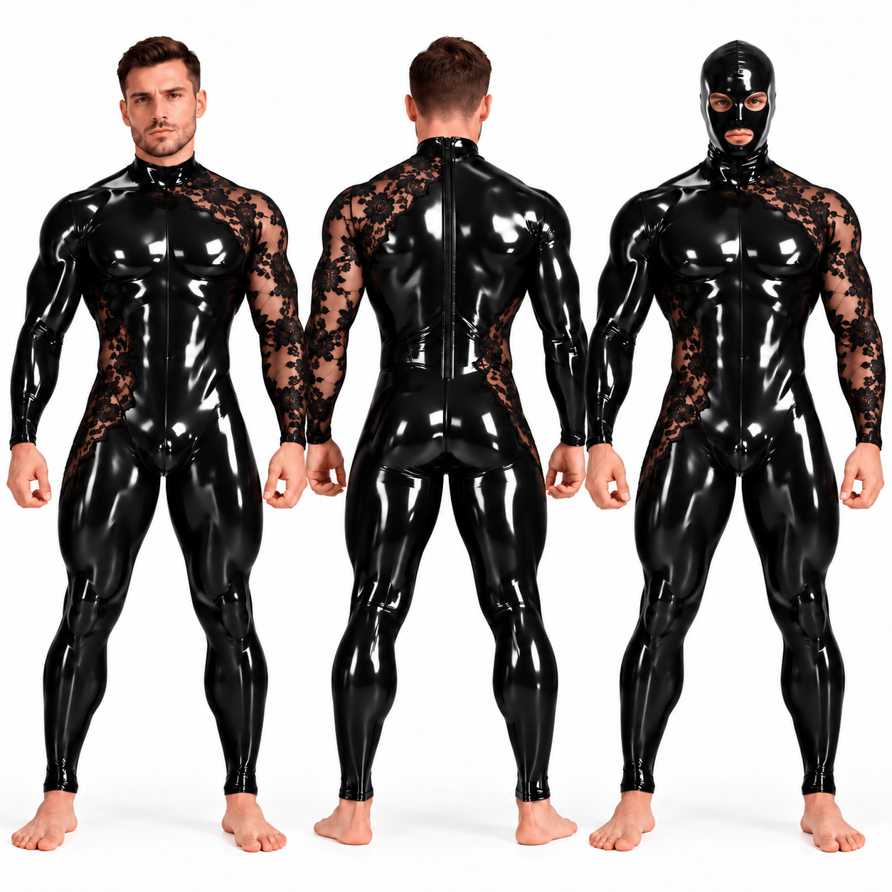 Custom Made – Men’s Glossy PU Leather & Floral Lace Full-Body Jumpsuit with Matching Mask Included - Sarman Fashion - Wholesale Clothing Fashion Brand for Men from Canada