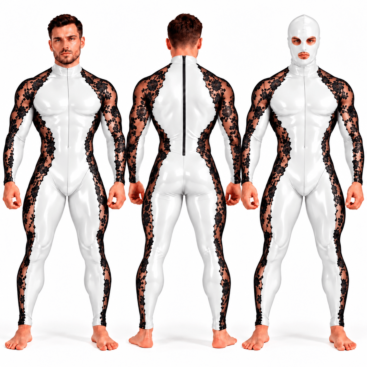 Custom Made – Men’s Glossy PU Leather & Floral Lace Full-Body Jumpsuit with Matching Mask Included - Sarman Fashion - Wholesale Clothing Fashion Brand for Men from Canada