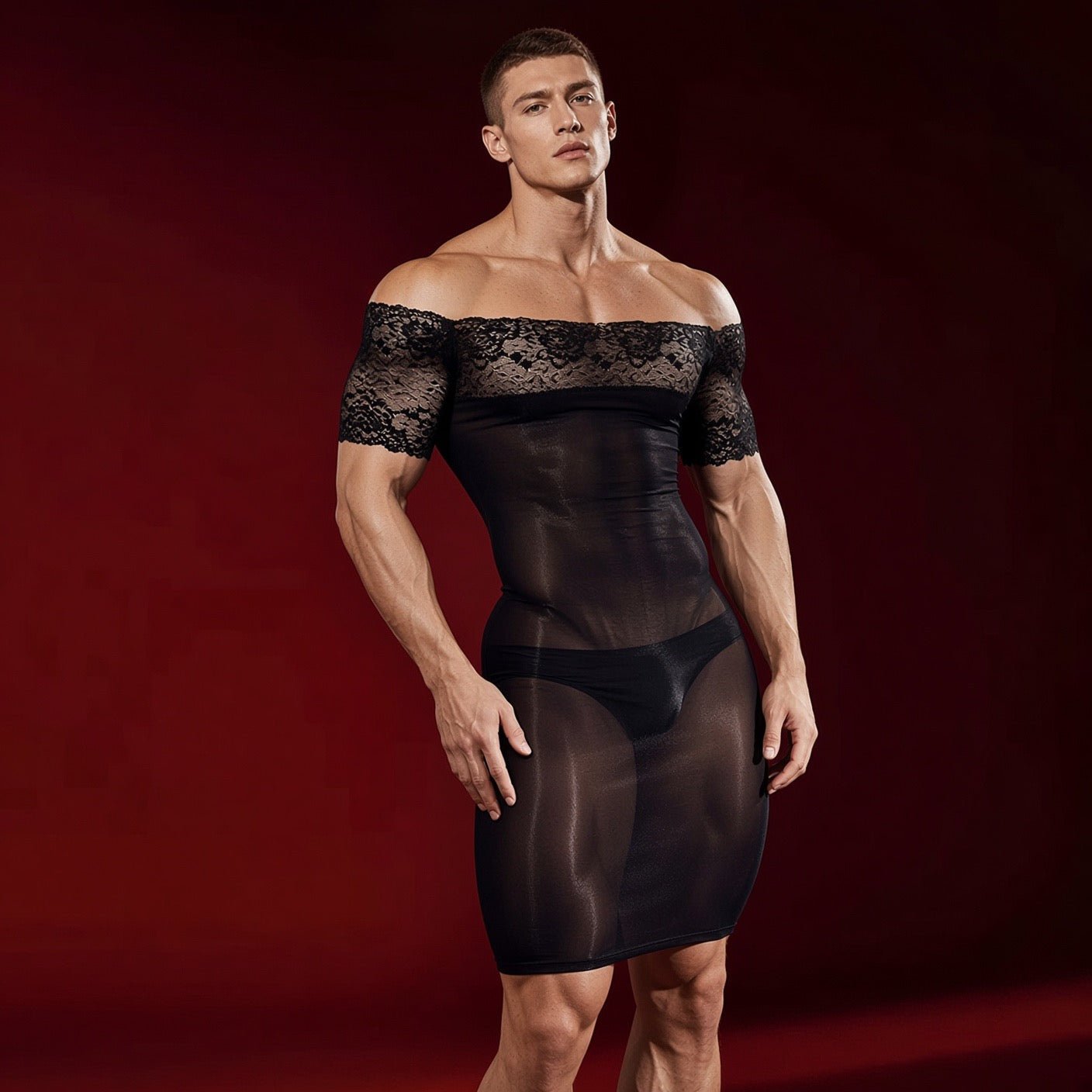 Kima 2 - Sheer Form-Fitting Mini Dress with Lace Off-Shoulder Top - Sarman Fashion - Wholesale Clothing Fashion Brand for Men from Canada