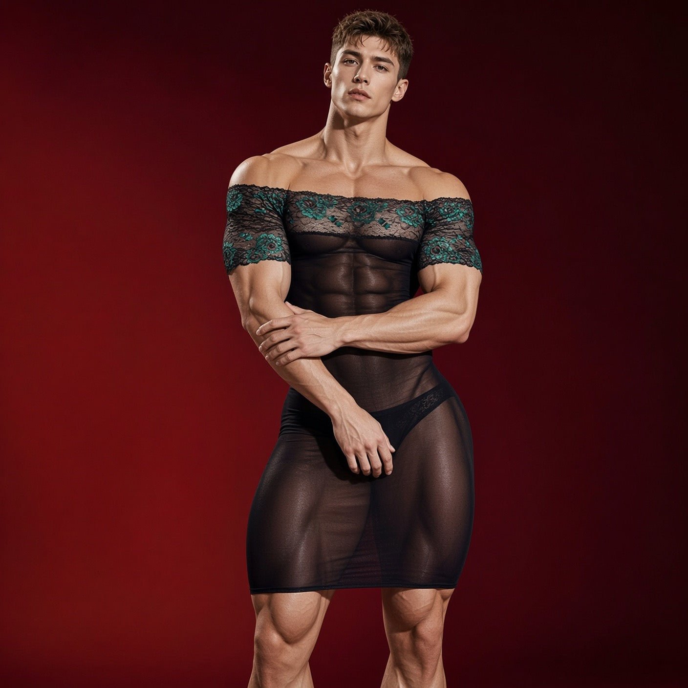 Kima 2 - Sheer Form-Fitting Mini Dress with Lace Off-Shoulder Top - Sarman Fashion - Wholesale Clothing Fashion Brand for Men from Canada