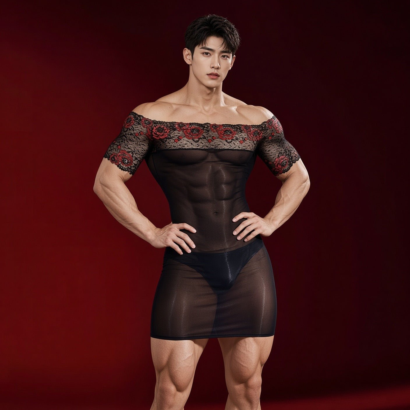 Kima 2 - Sheer Form-Fitting Mini Dress with Lace Off-Shoulder Top - Sarman Fashion - Wholesale Clothing Fashion Brand for Men from Canada