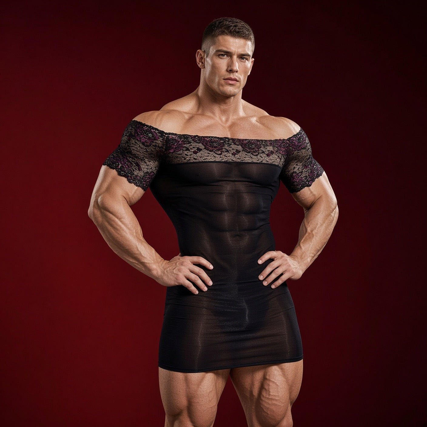 Kima 2 - Sheer Form-Fitting Mini Dress with Lace Off-Shoulder Top - Sarman Fashion - Wholesale Clothing Fashion Brand for Men from Canada