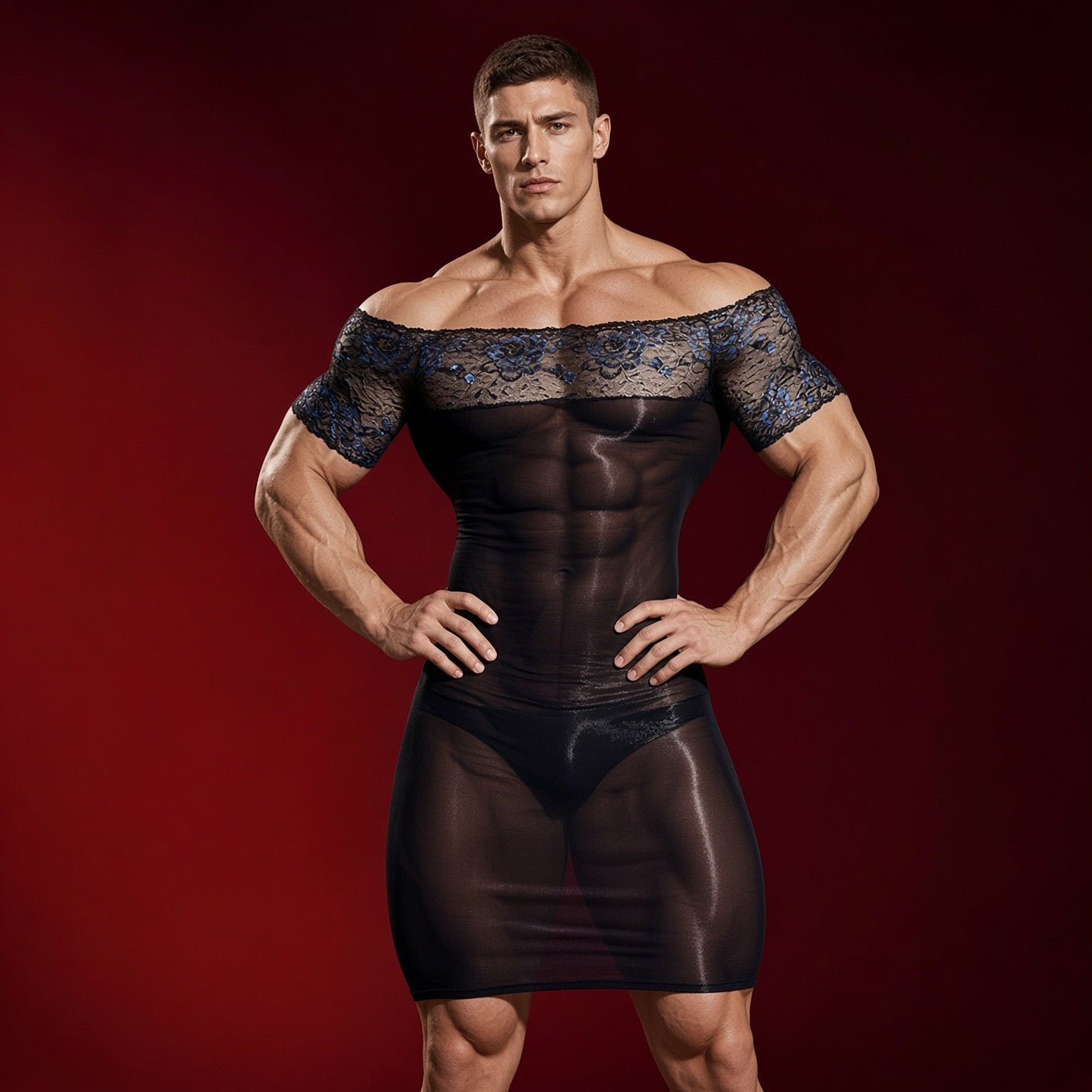 Kima 2 - Sheer Form-Fitting Mini Dress with Lace Off-Shoulder Top - Sarman Fashion - Wholesale Clothing Fashion Brand for Men from Canada