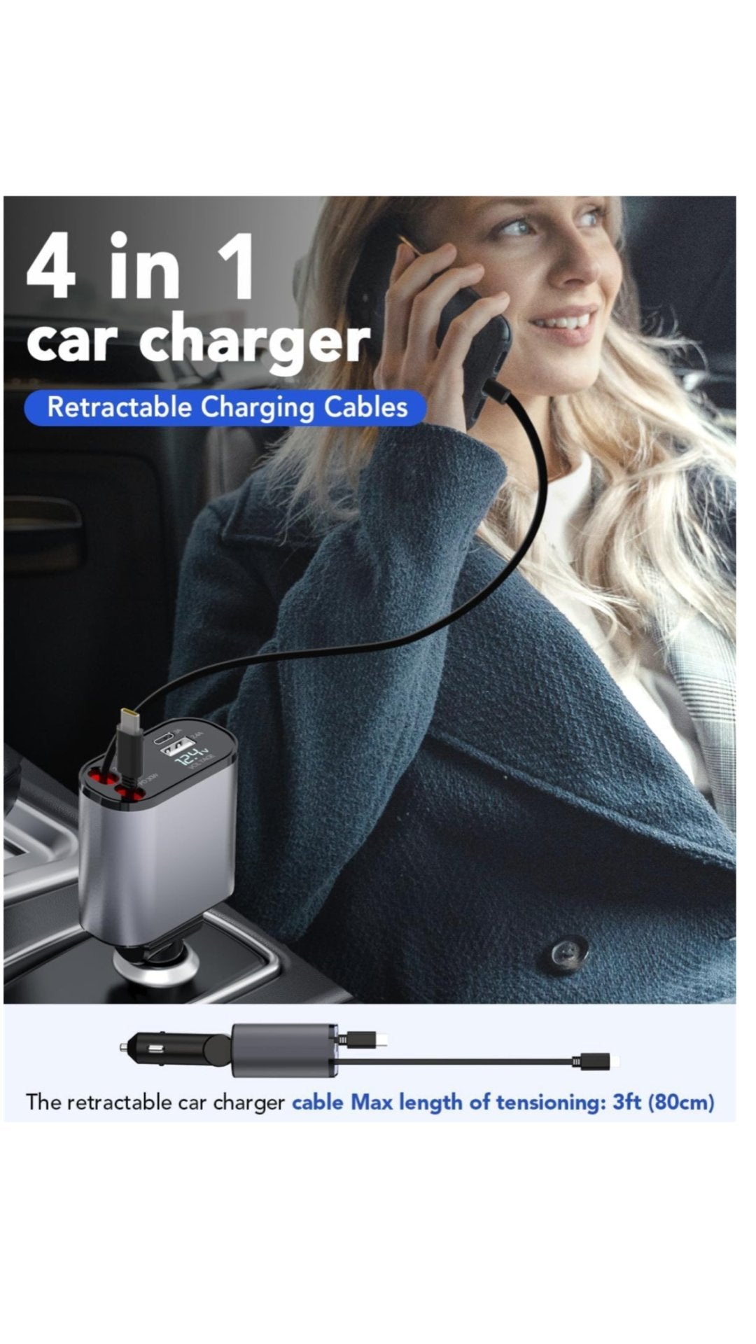 SPGUARD Retractable Car Charger, 66W Fast Car Phone Charge Type C, Retractable Cables and 2 USB Ports Car Charger Adapter, Compatible with iPhone 15/14/13/12/11/iPad, Galaxy S23/ S22/S10 - Sarman Fashion - Wholesale Clothing Fashion Brand for Men from Canada