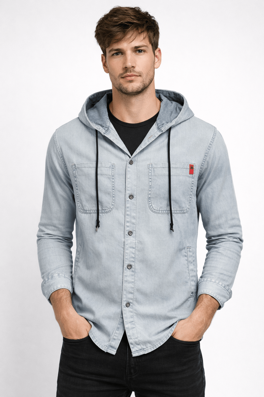Vdussa - Long Sleeve Denim Shirt with Hood for Men - Sarman Fashion - Wholesale Clothing Fashion Brand for Men from Canada