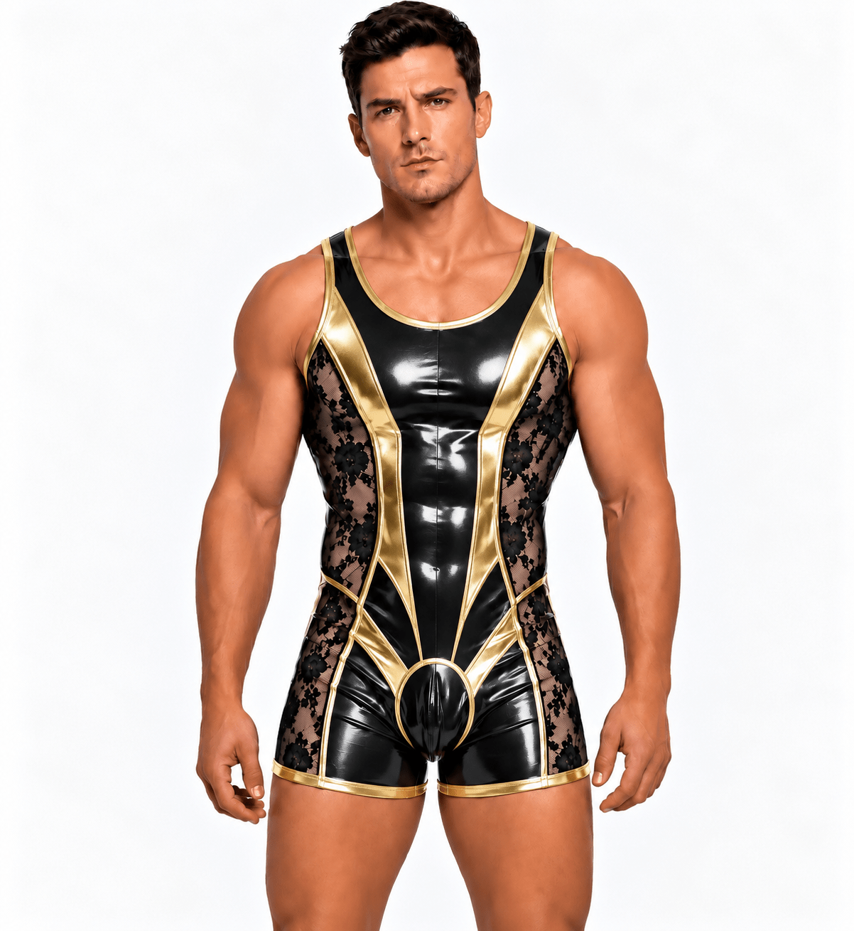 Zalisa 2 – Men’s Custom-Made Glossy PU Leather & Floral Lace Short Jumpsuit - Sarman Fashion - Wholesale Clothing Fashion Brand for Men from Canada