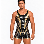 Zalisa 2 – Men’s Custom-Made Glossy PU Leather & Floral Lace Short Jumpsuit - Sarman Fashion - Wholesale Clothing Fashion Brand for Men from Canada