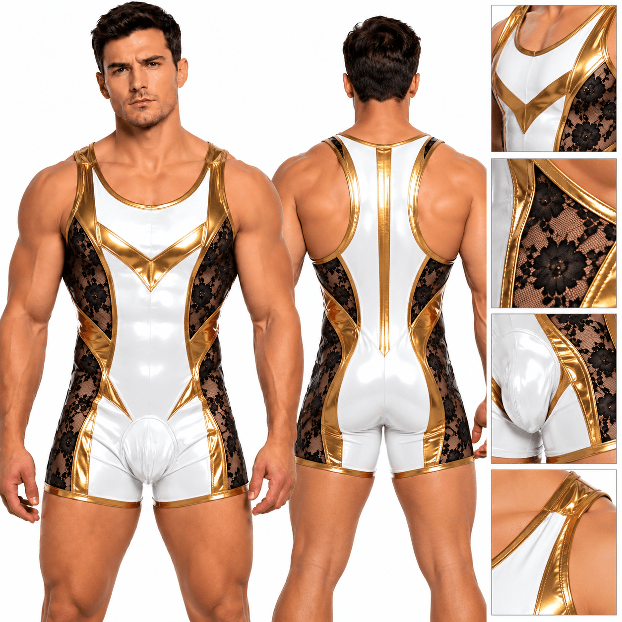 Zalisa 3 – Men’s Custom-Made Glossy PU Leather & Floral Lace Short Jumpsuit - Sarman Fashion - Wholesale Clothing Fashion Brand for Men from Canada