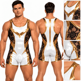 Zalisa 3 – Men’s Custom-Made Glossy PU Leather & Floral Lace Short Jumpsuit - Sarman Fashion - Wholesale Clothing Fashion Brand for Men from Canada