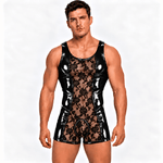 Zalisa 4 – Men’s Custom-Made Glossy PU Leather & Floral Lace Short Jumpsuit - Sarman Fashion - Wholesale Clothing Fashion Brand for Men from Canada