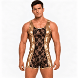 Zalisa 4 – Men’s Custom-Made Glossy PU Leather & Floral Lace Short Jumpsuit - Sarman Fashion - Wholesale Clothing Fashion Brand for Men from Canada