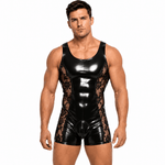Zalisa – Men’s Custom-Made Glossy PU Leather & Floral Lace Short Jumpsuit - Sarman Fashion - Wholesale Clothing Fashion Brand for Men from Canada