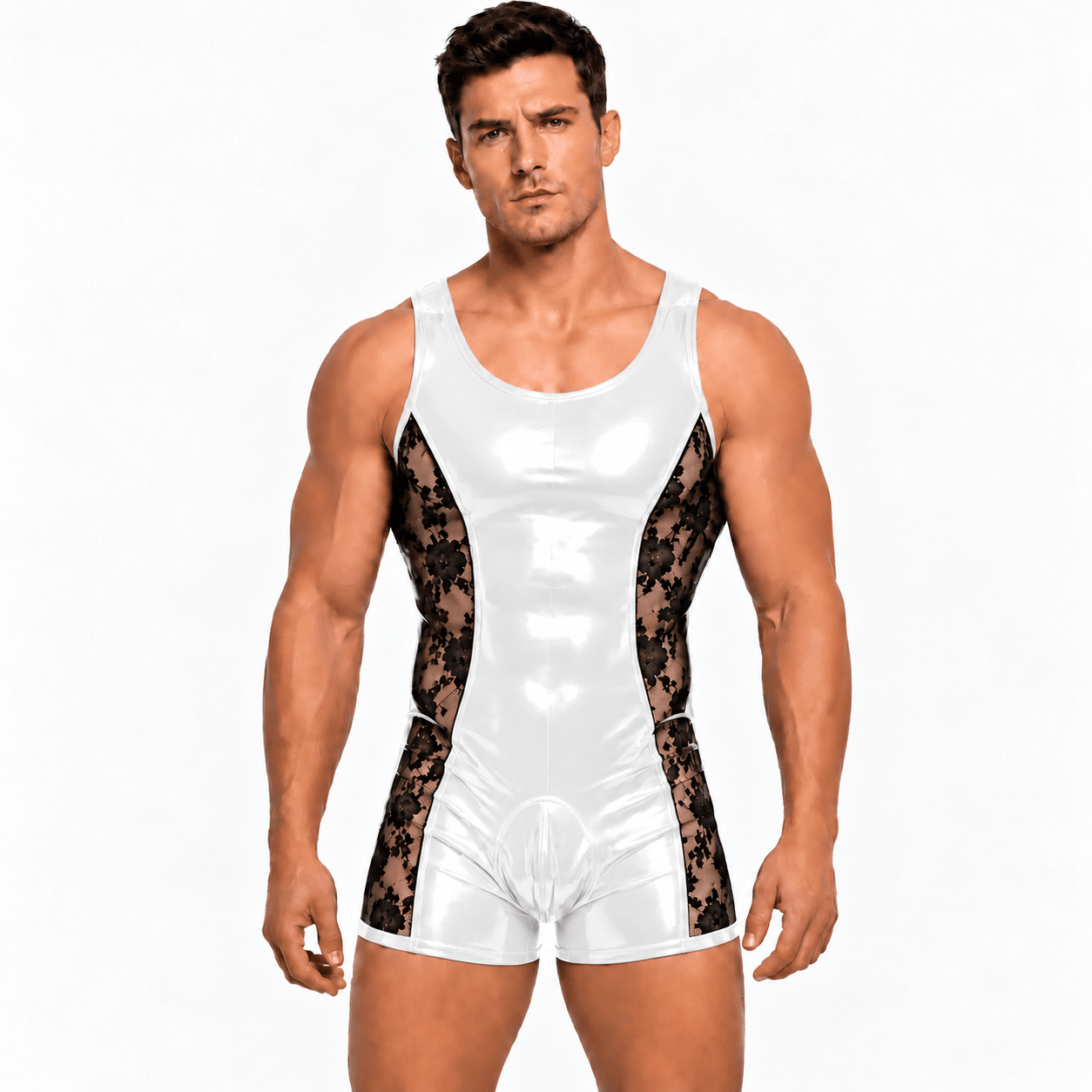Zalisa – Men’s Custom-Made Glossy PU Leather & Floral Lace Short Jumpsuit - Sarman Fashion - Wholesale Clothing Fashion Brand for Men from Canada