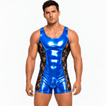 Zalisa – Men’s Custom-Made Glossy PU Leather & Floral Lace Short Jumpsuit - Sarman Fashion - Wholesale Clothing Fashion Brand for Men from Canada