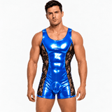 Zalisa – Men’s Custom-Made Glossy PU Leather & Floral Lace Short Jumpsuit - Sarman Fashion - Wholesale Clothing Fashion Brand for Men from Canada