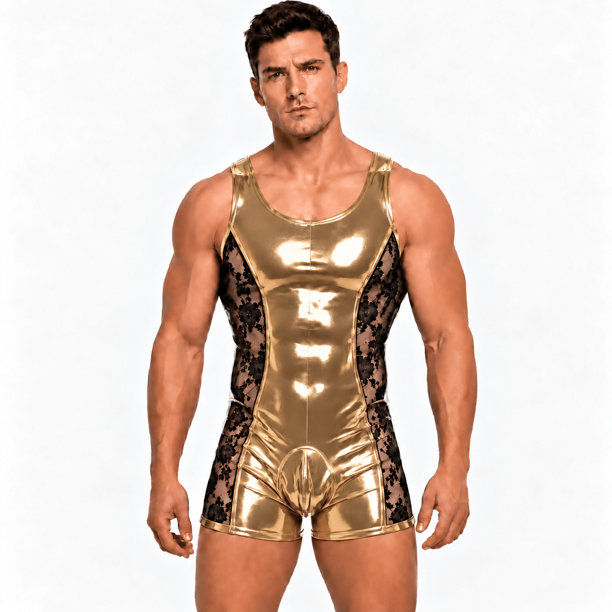 Zalisa – Men’s Custom-Made Glossy PU Leather & Floral Lace Short Jumpsuit - Sarman Fashion - Wholesale Clothing Fashion Brand for Men from Canada