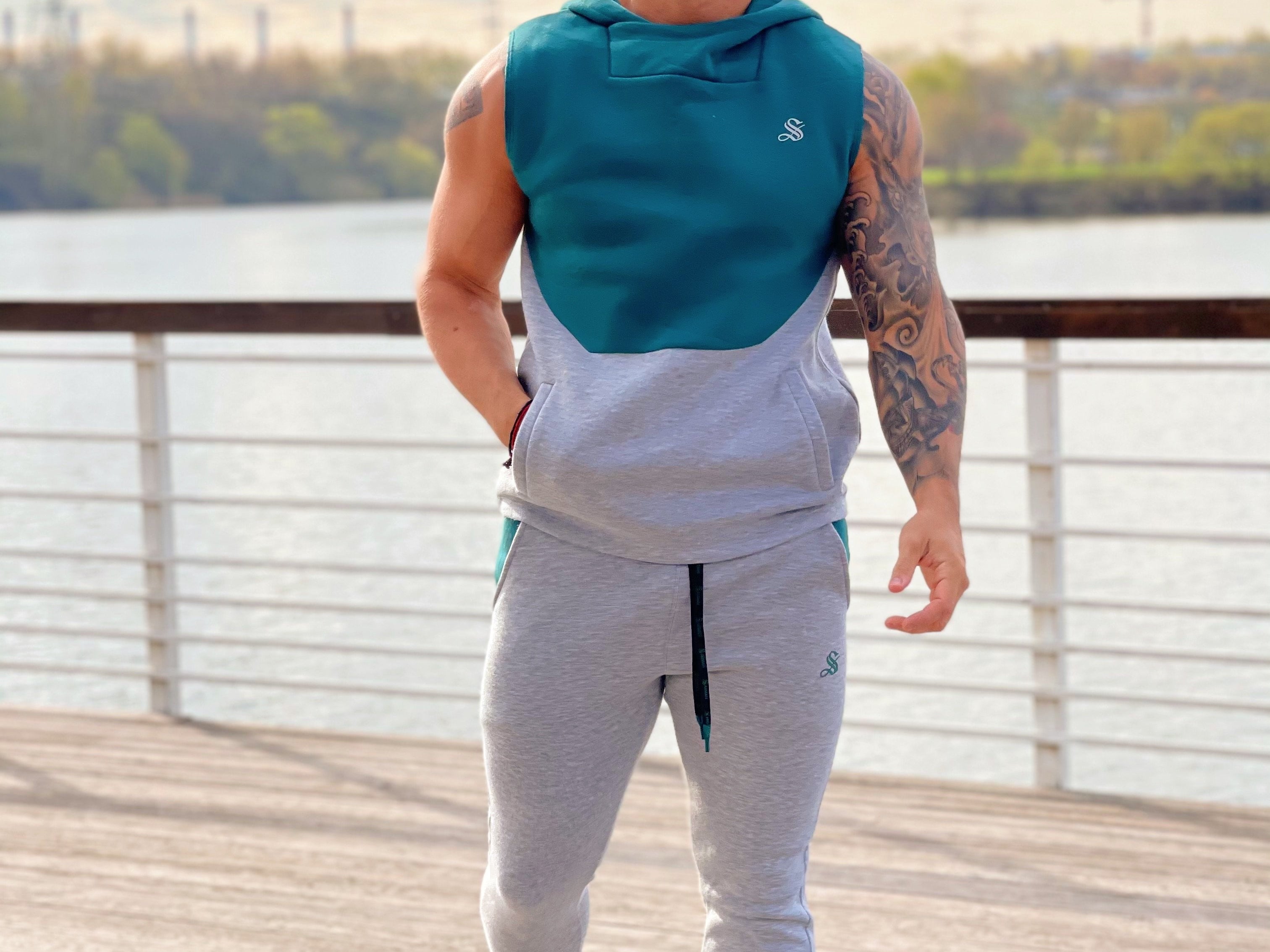 Akuna - Grey/Green Sleeveless Hoodie for Men - Sarman Fashion - Wholesale Clothing Fashion Brand for Men from Canada