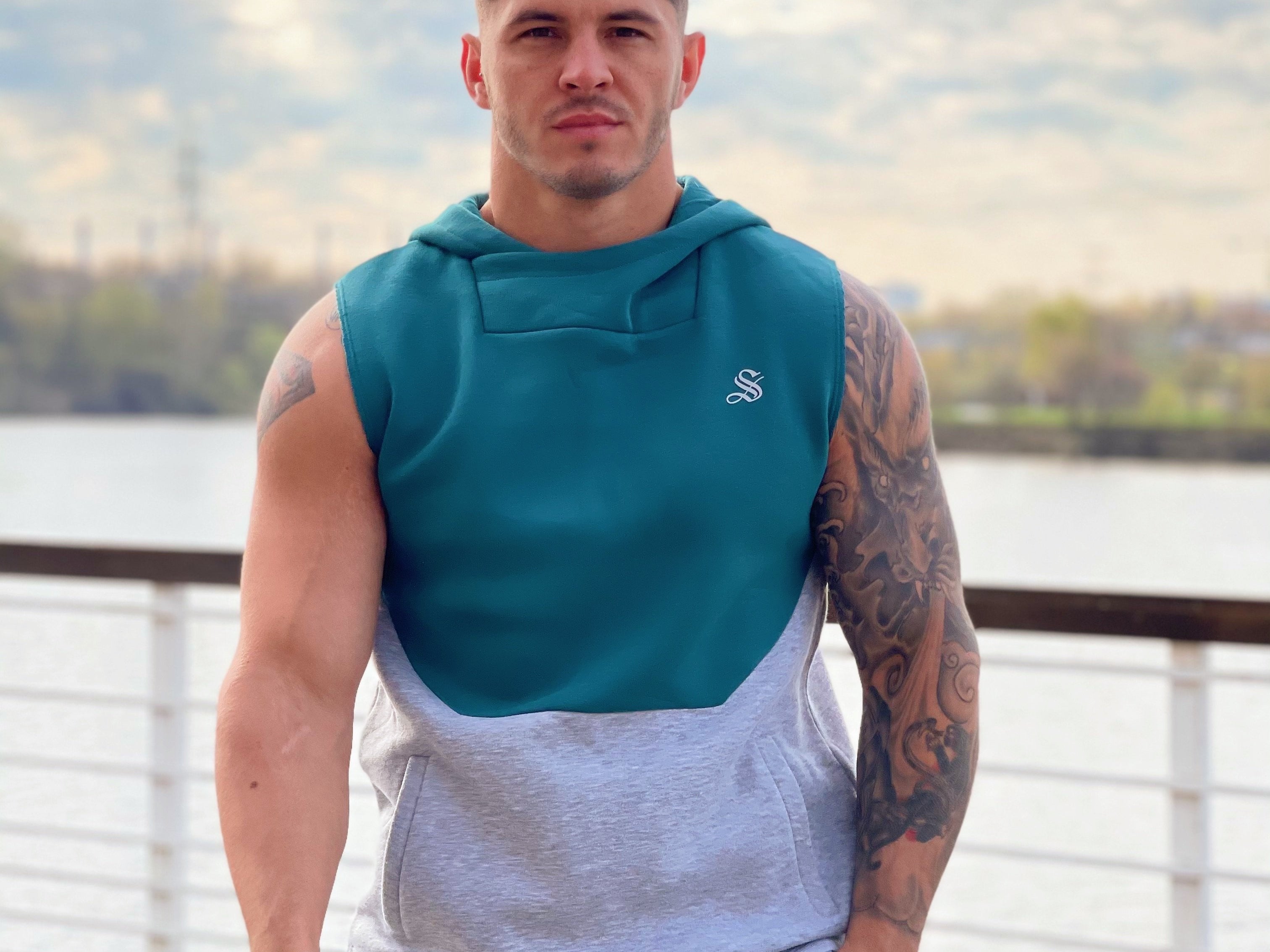 Akuna - Grey/Green Sleeveless Hoodie for Men - Sarman Fashion - Wholesale Clothing Fashion Brand for Men from Canada