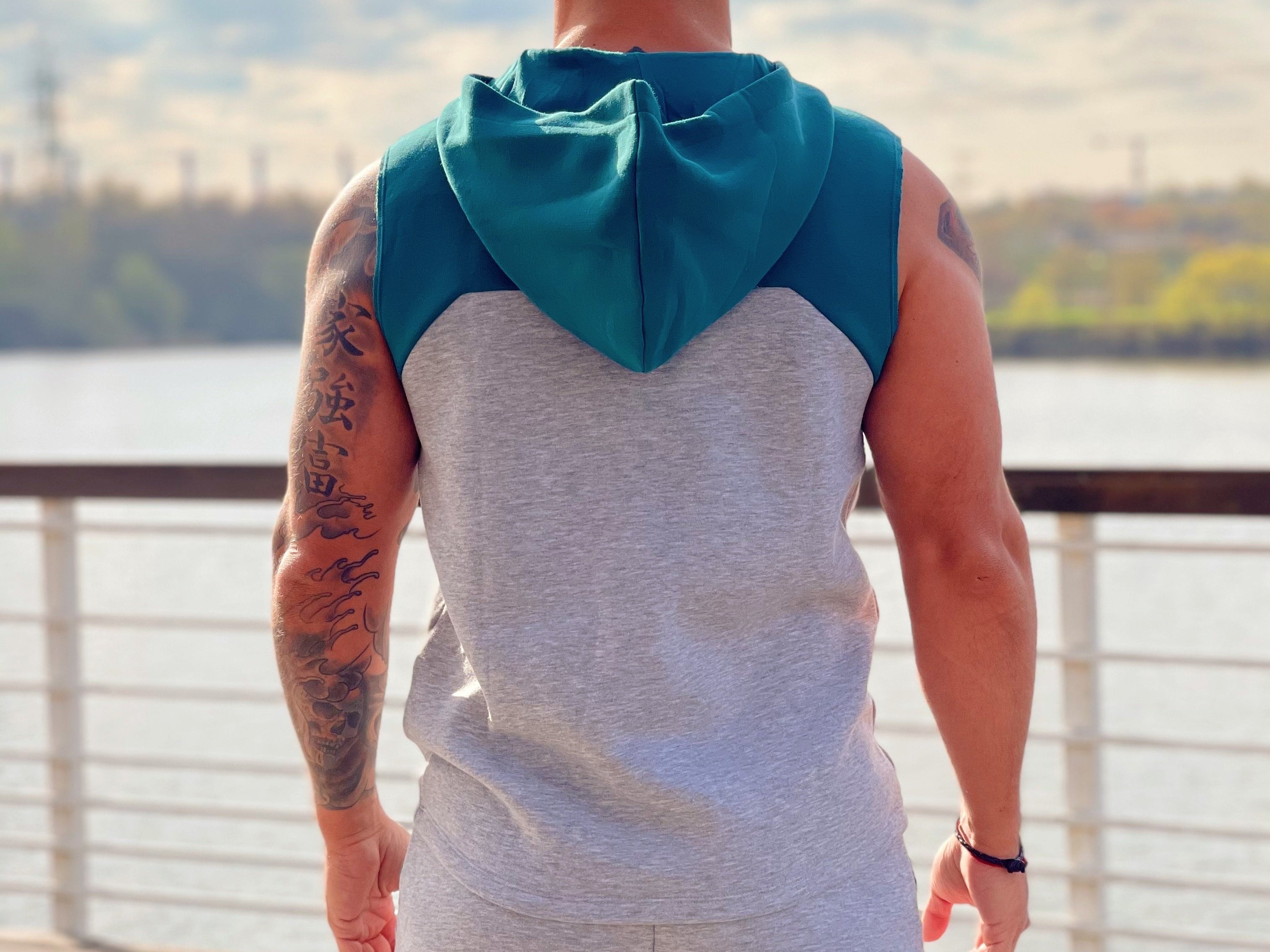 Akuna - Grey/Green Sleeveless Hoodie for Men - Sarman Fashion - Wholesale Clothing Fashion Brand for Men from Canada