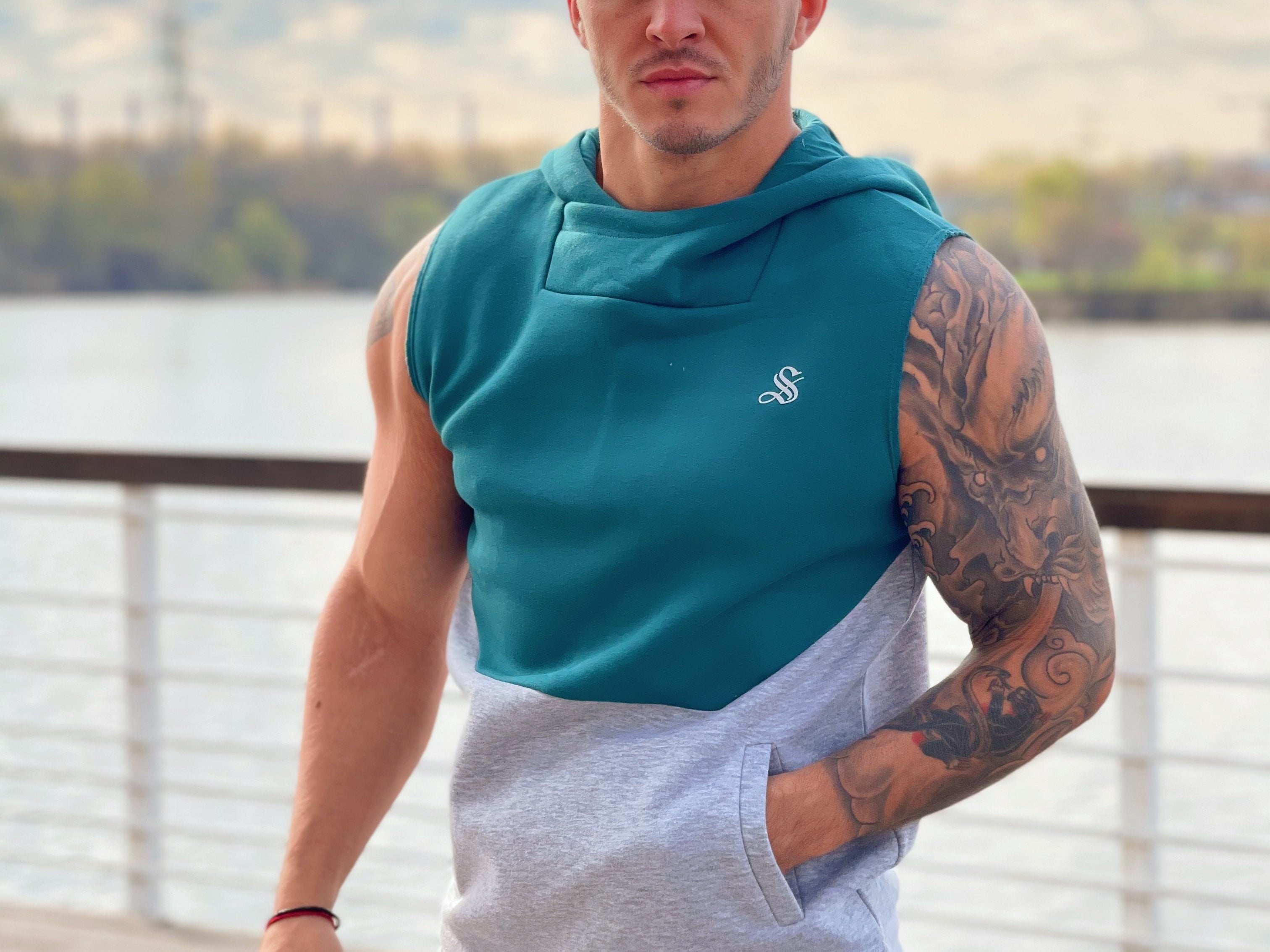 Akuna - Grey/Green Sleeveless Hoodie for Men - Sarman Fashion - Wholesale Clothing Fashion Brand for Men from Canada