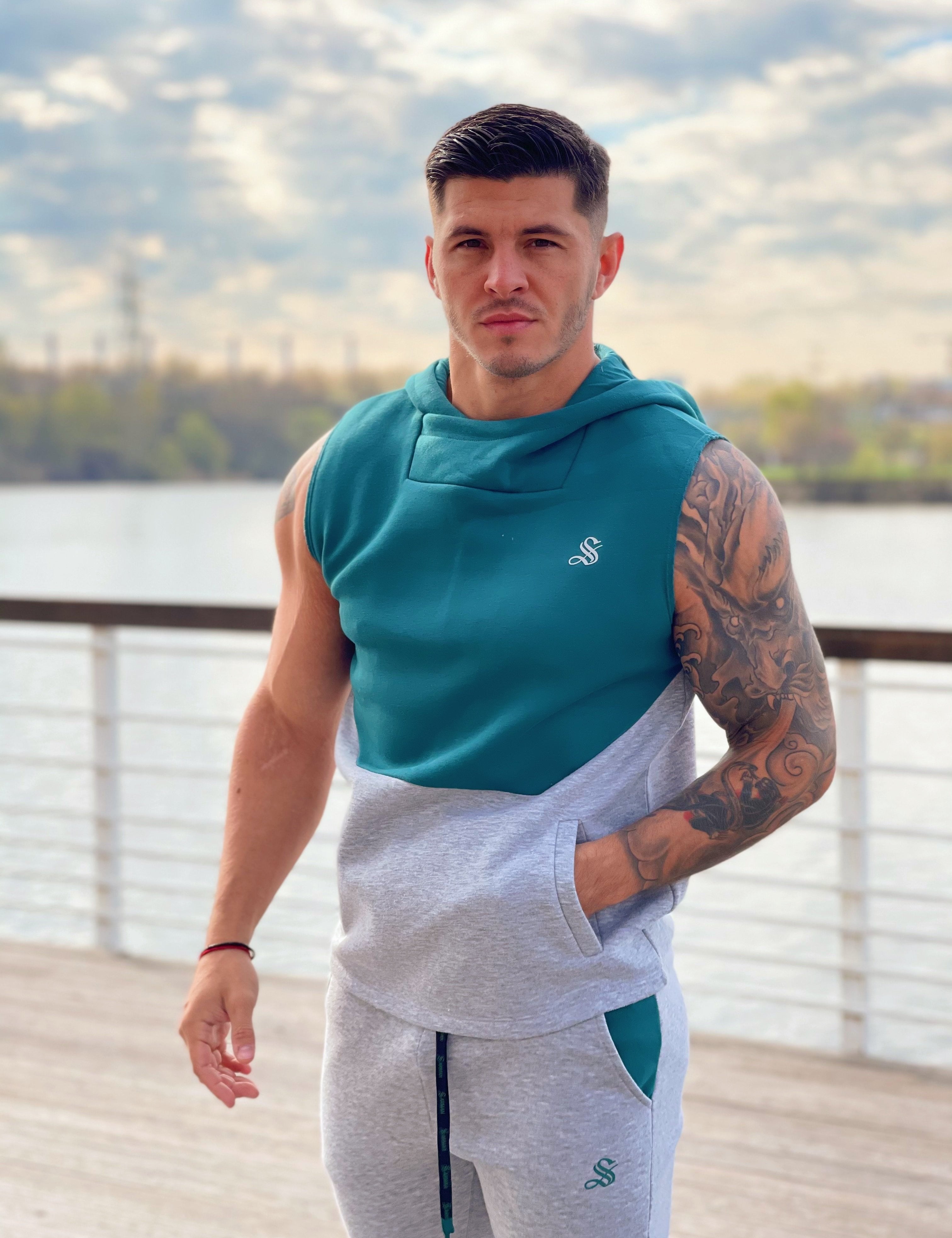 Akuna - Grey/Green Sleeveless Hoodie for Men - Sarman Fashion - Wholesale Clothing Fashion Brand for Men from Canada