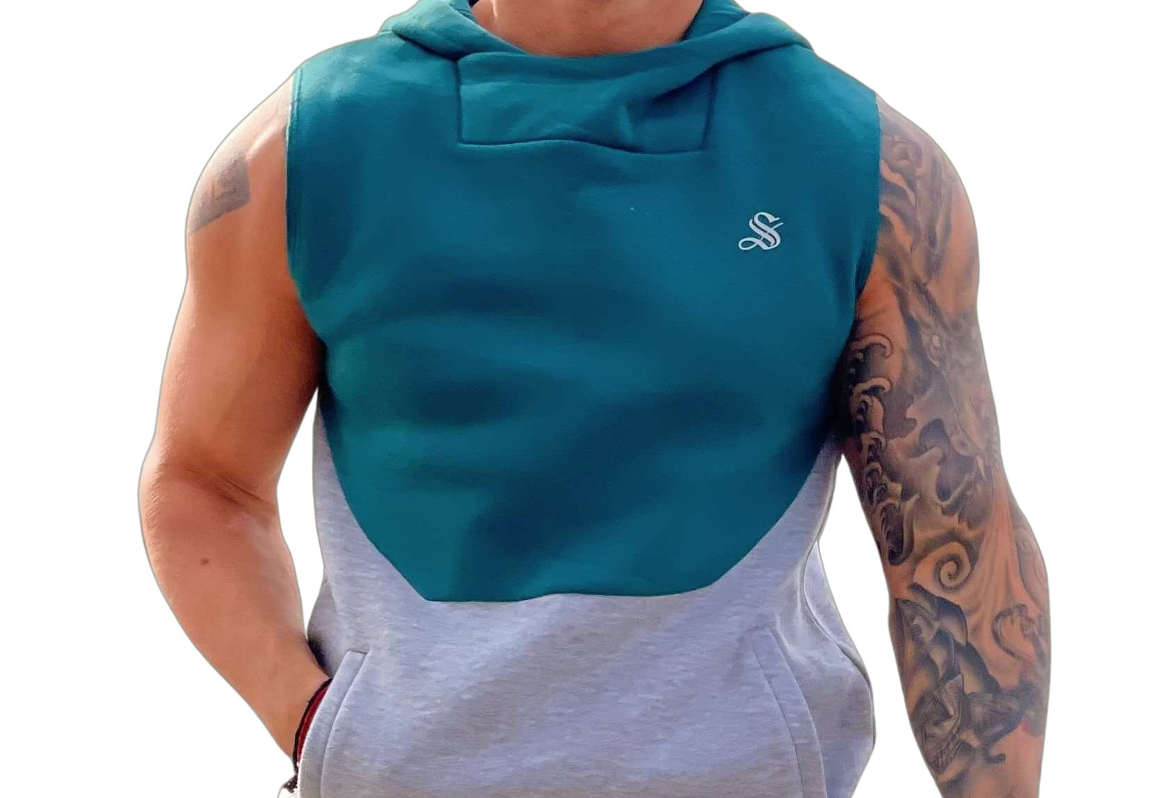 Akuna - Grey/Green Sleeveless Hoodie for Men - Sarman Fashion - Wholesale Clothing Fashion Brand for Men from Canada