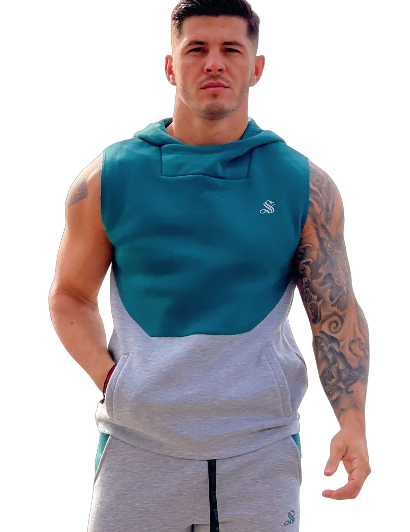Akuna - Grey/Green Sleeveless Hoodie for Men - Sarman Fashion - Wholesale Clothing Fashion Brand for Men from Canada