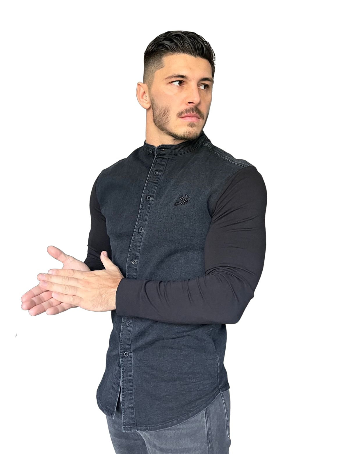 Balona - Grey/Black Long Sleeves Jeans Shirt for Men (PRE-ORDER DISPATCH DATE 15 APRIL 2023) - Sarman Fashion - Wholesale Clothing Fashion Brand for Men from Canada