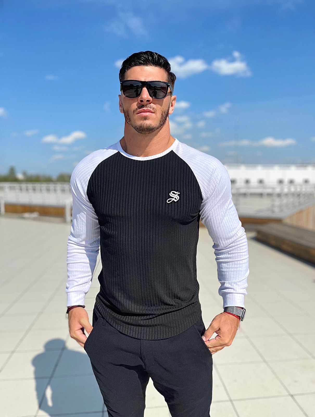 Blooper - Black/White Long Sleeves Shirt for Men - Sarman Fashion - Wholesale Clothing Fashion Brand for Men from Canada