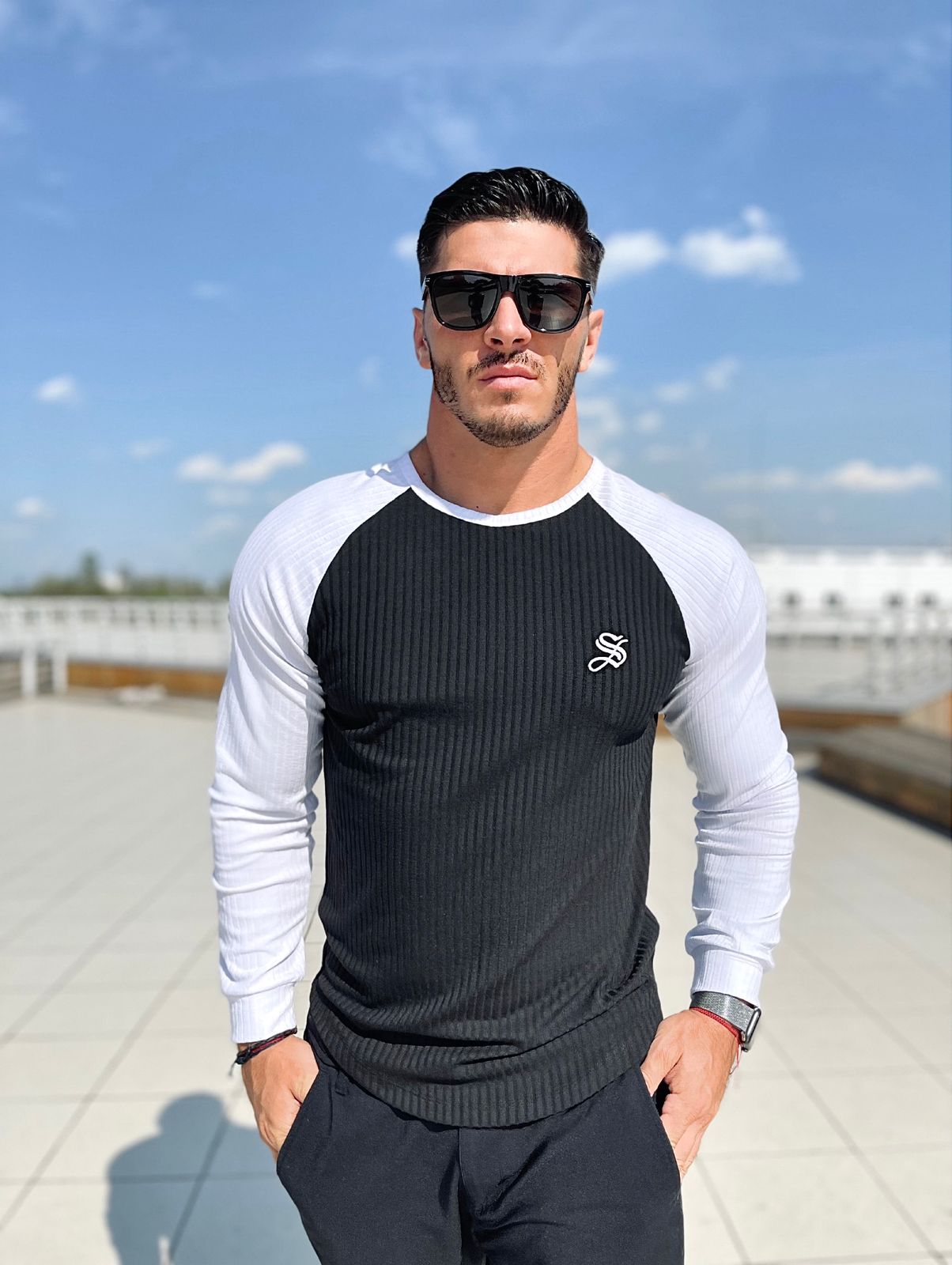 Blooper - Black/White Long Sleeves Shirt for Men - Sarman Fashion - Wholesale Clothing Fashion Brand for Men from Canada