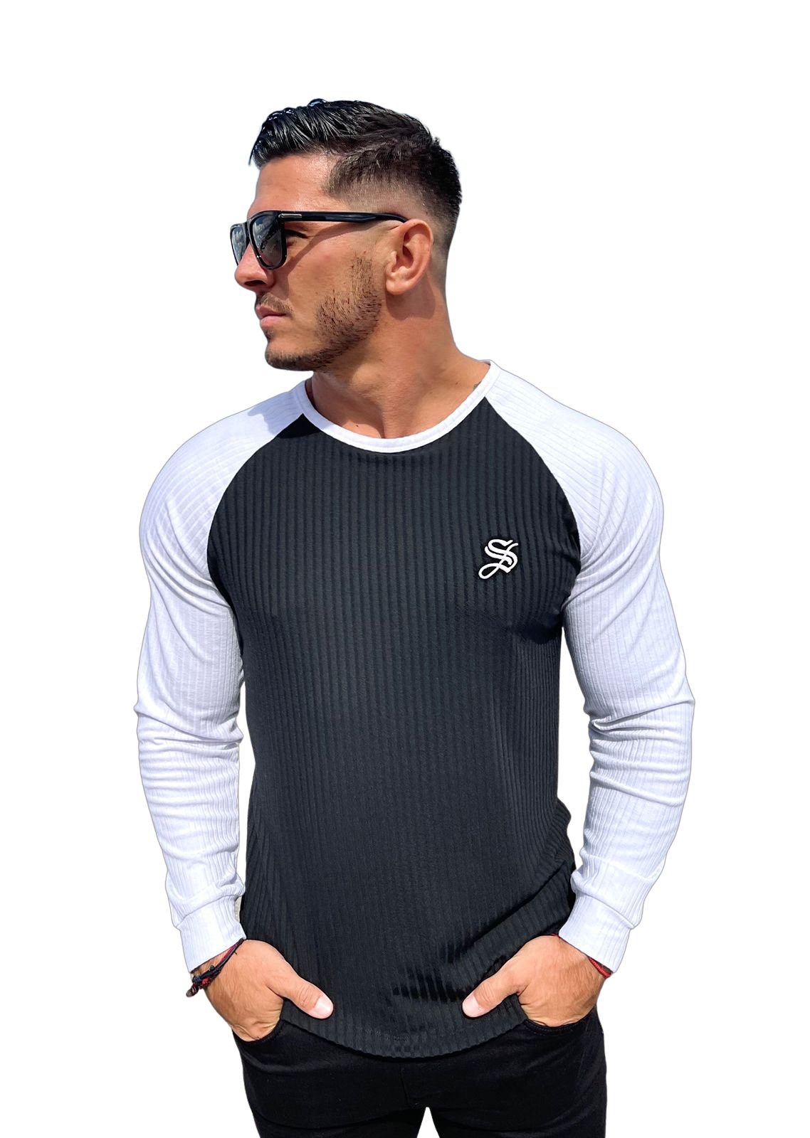 Blooper - Black/White Long Sleeves Shirt for Men - Sarman Fashion - Wholesale Clothing Fashion Brand for Men from Canada