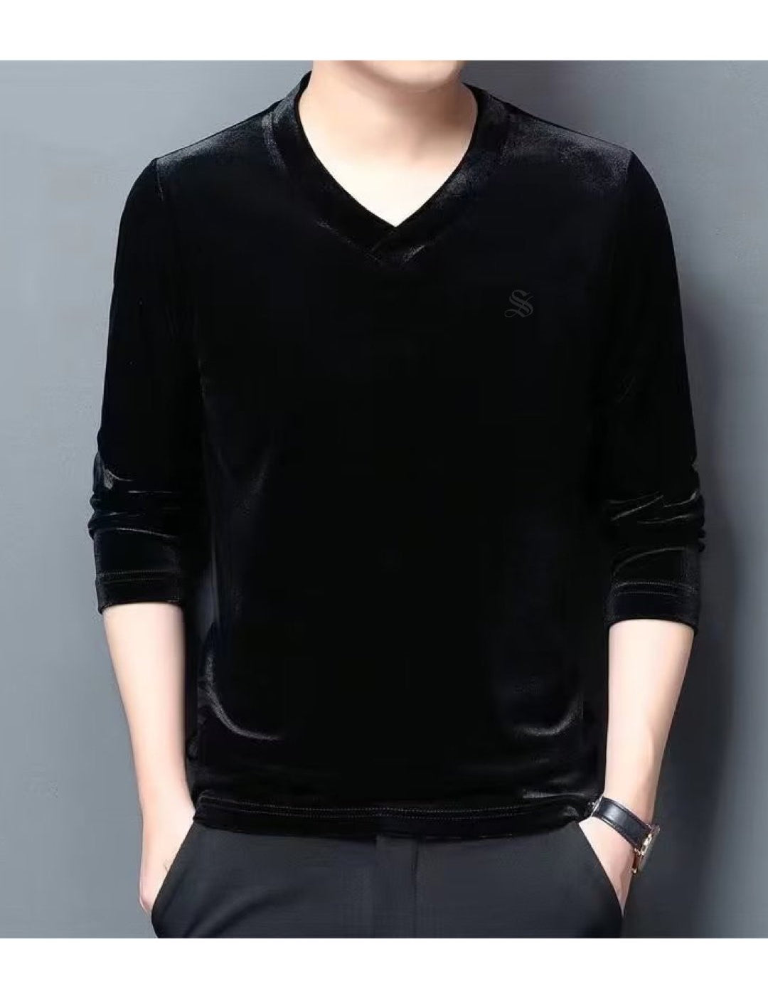 Burat - Velvet V-Neck Long Sleeve Shirt for Men - Sarman Fashion - Wholesale Clothing Fashion Brand for Men from Canada