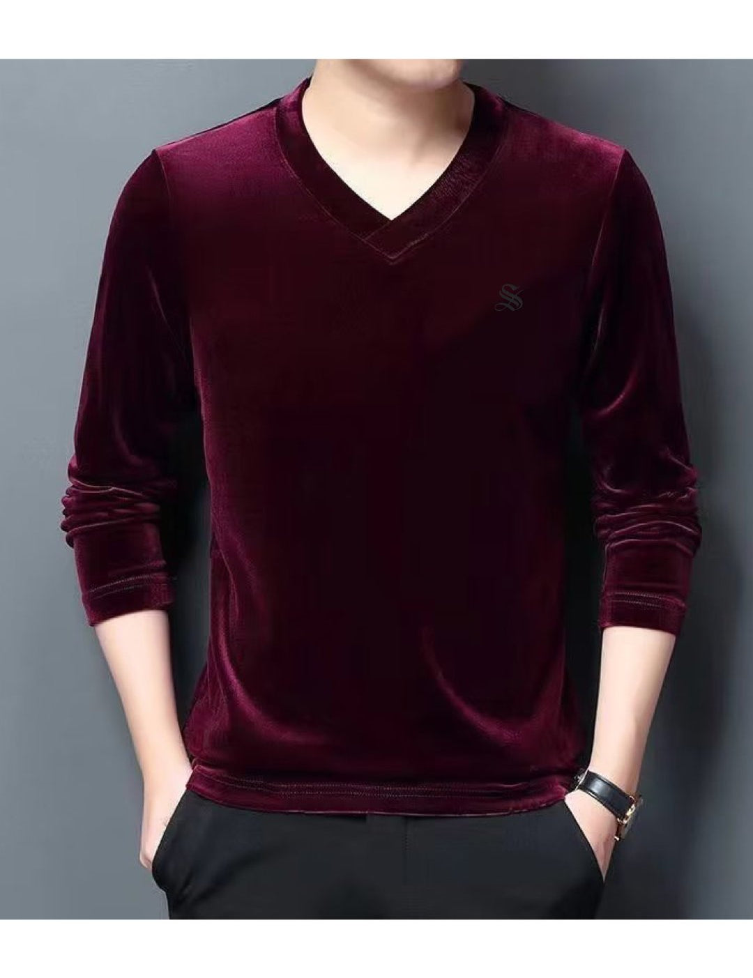 Burat - Velvet V-Neck Long Sleeve Shirt for Men - Sarman Fashion - Wholesale Clothing Fashion Brand for Men from Canada