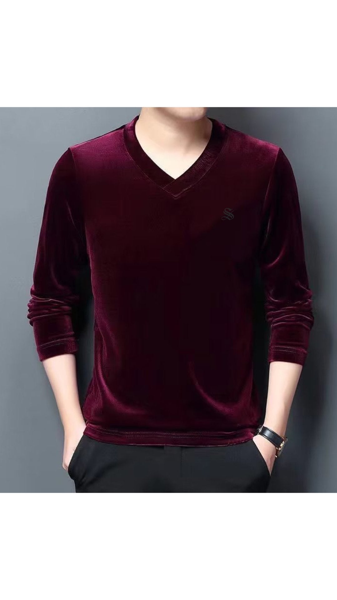 Burat - Velvet V-Neck Long Sleeve Shirt for Men - Sarman Fashion - Wholesale Clothing Fashion Brand for Men from Canada