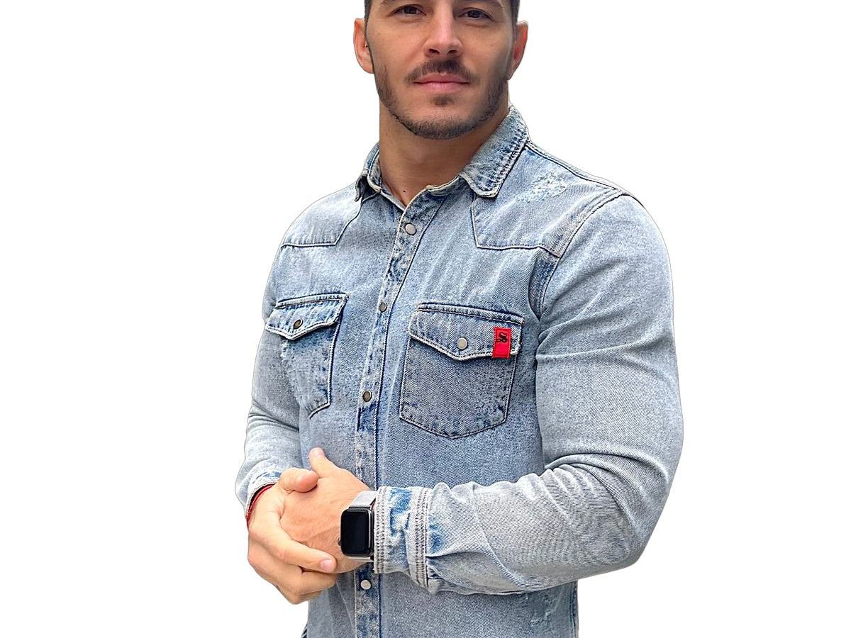 Cowboy - Light Blue Long Sleeves Jeans Shirt for Men (PRE-ORDER DISPATCH DATE 15 APRIL 2023) - Sarman Fashion - Wholesale Clothing Fashion Brand for Men from Canada