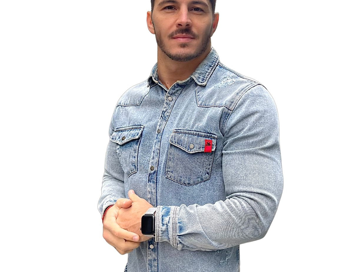 Cowboy - Light Blue Long Sleeves Jeans Shirt for Men (PRE-ORDER DISPATCH DATE 15 APRIL 2023) - Sarman Fashion - Wholesale Clothing Fashion Brand for Men from Canada